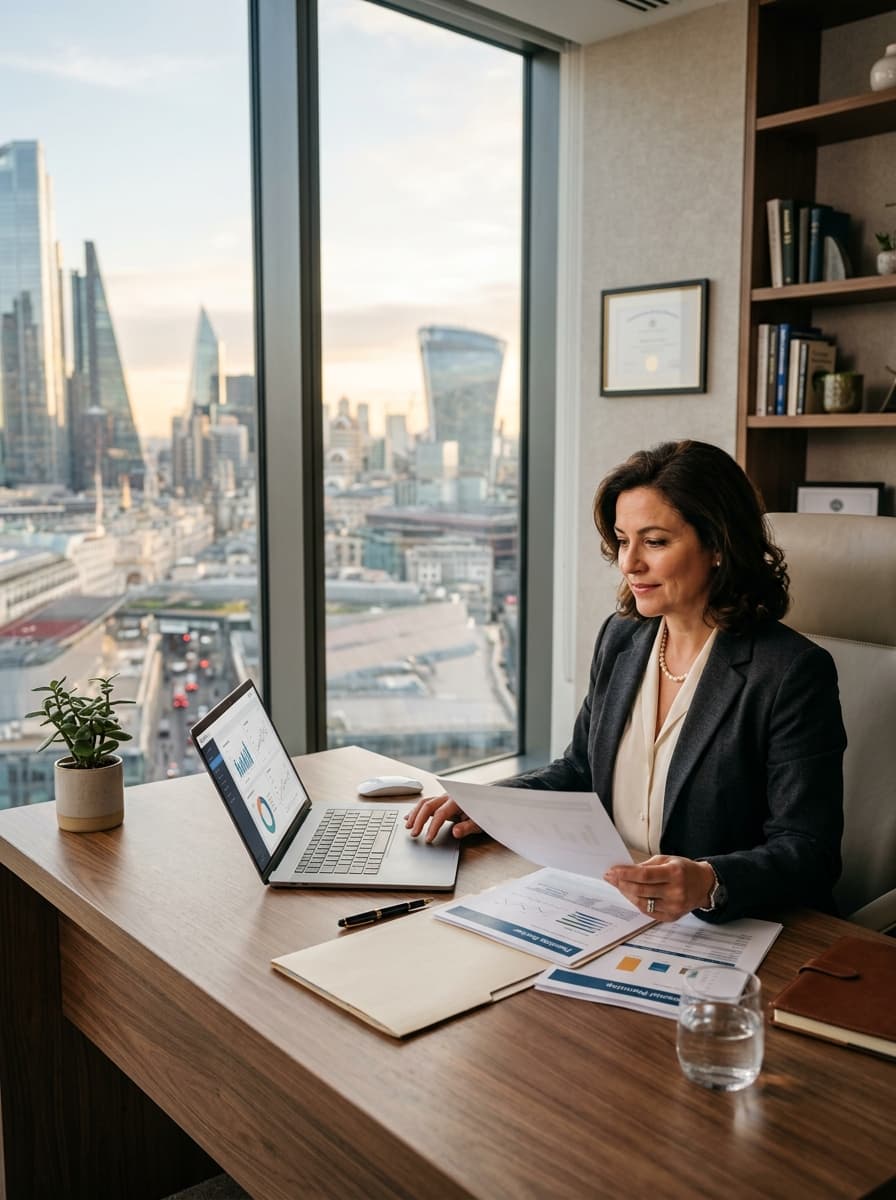 Professional financial adviser reviewing analytics in a premium London office