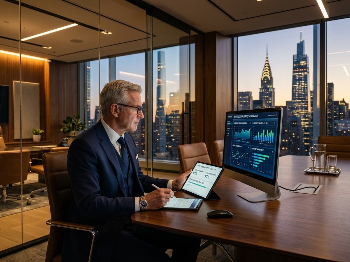Executive compliance director and wealth adviser reviewing compliance analytics in boardroom