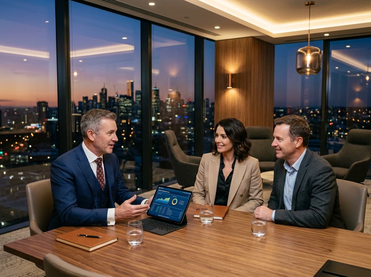 Financial adviser consulting with prospective clients in a modern wealth advisory office