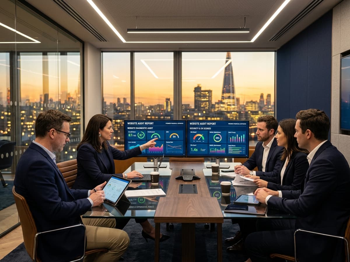 Financial advisory executive team reviewing comprehensive website diagnostic audit report