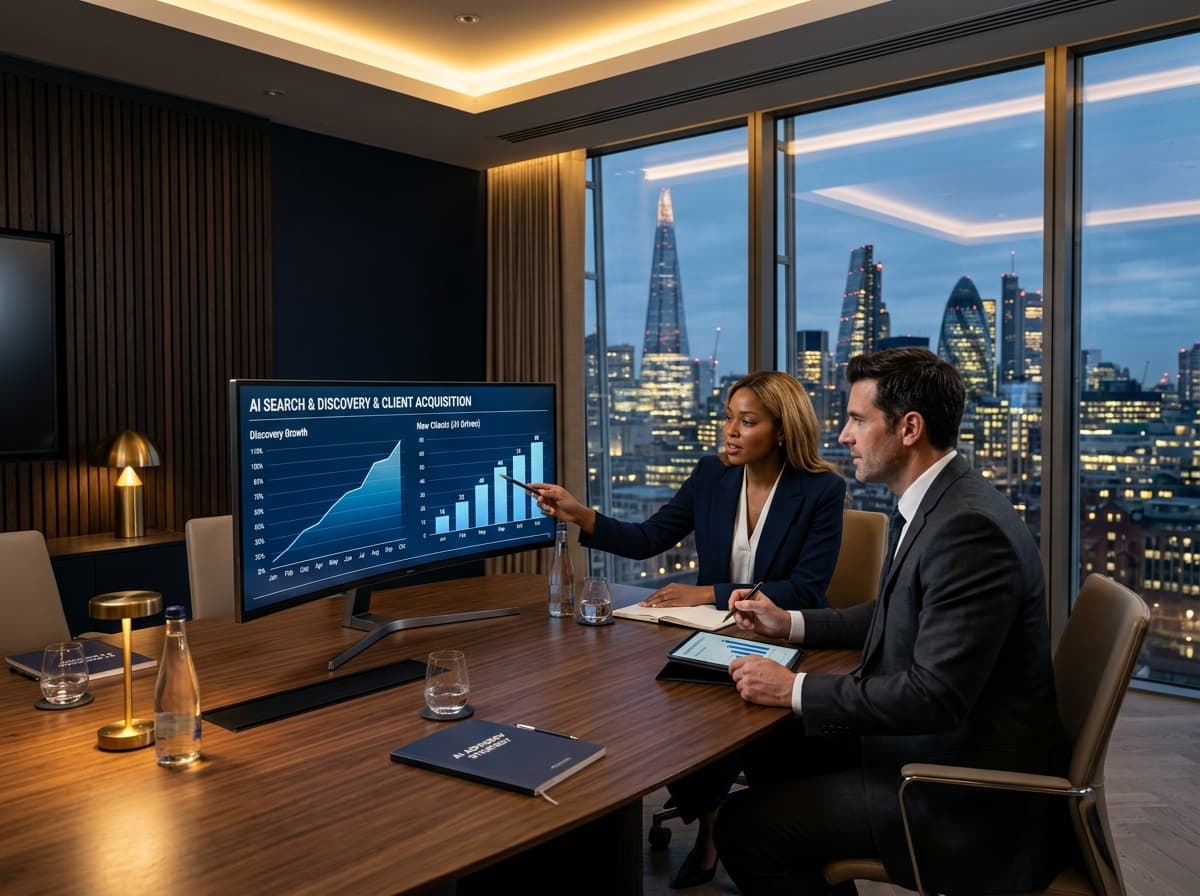Financial adviser analysing AI search visibility and client discovery metrics on a modern monitor