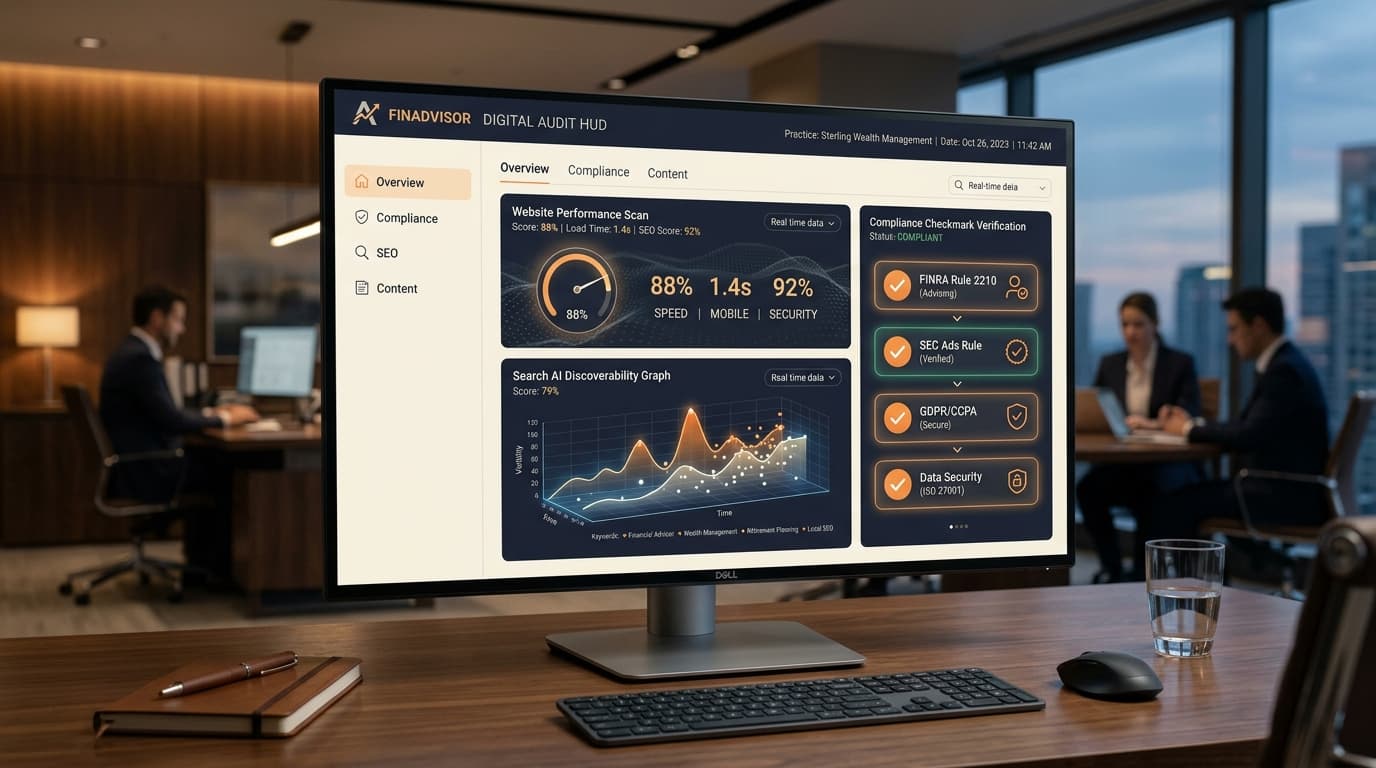 AI Site Moderniser digital audit HUD inspecting website compliance and search visibility