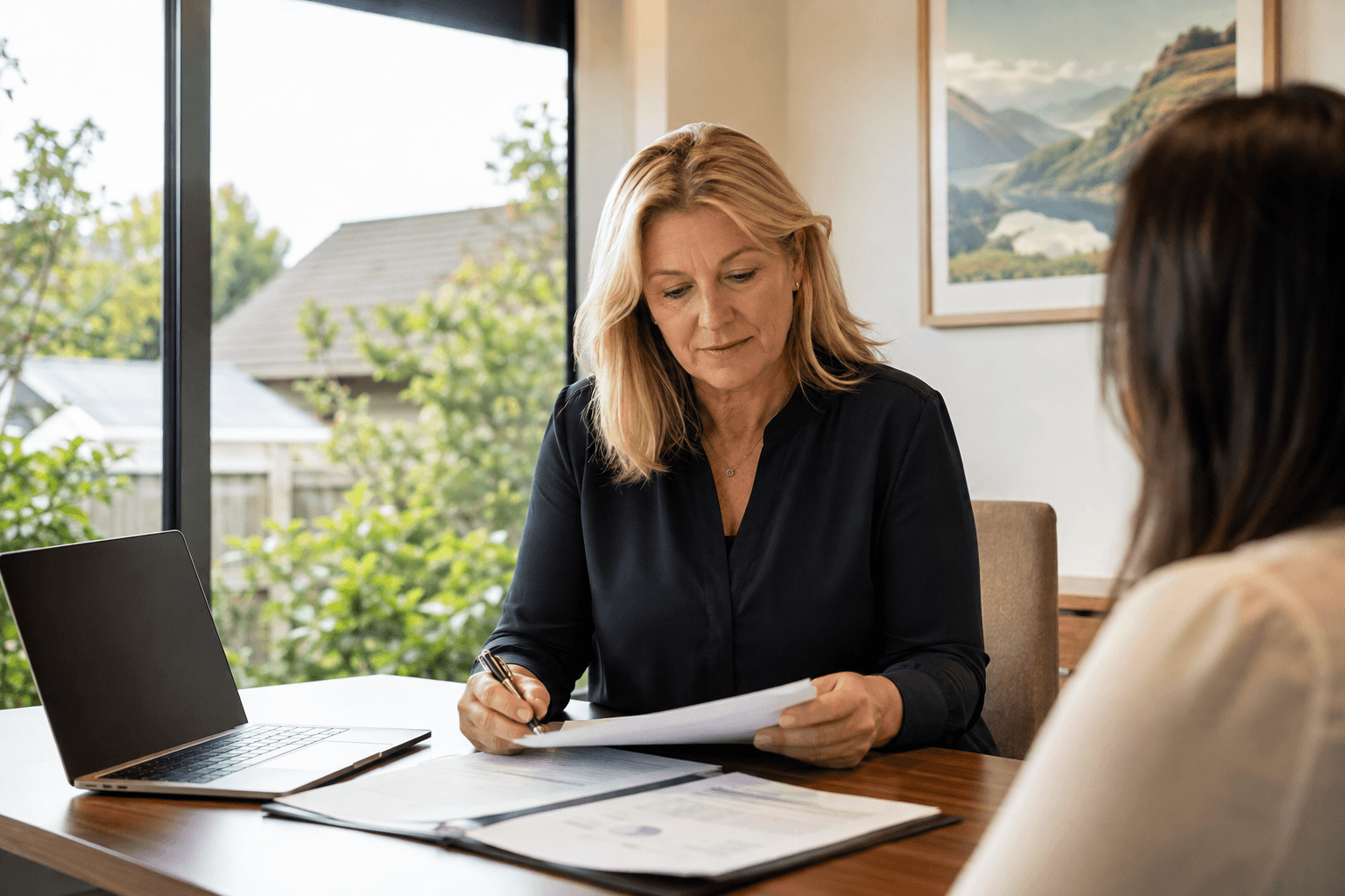 New Zealand financial adviser reviewing disclosure documents with a client