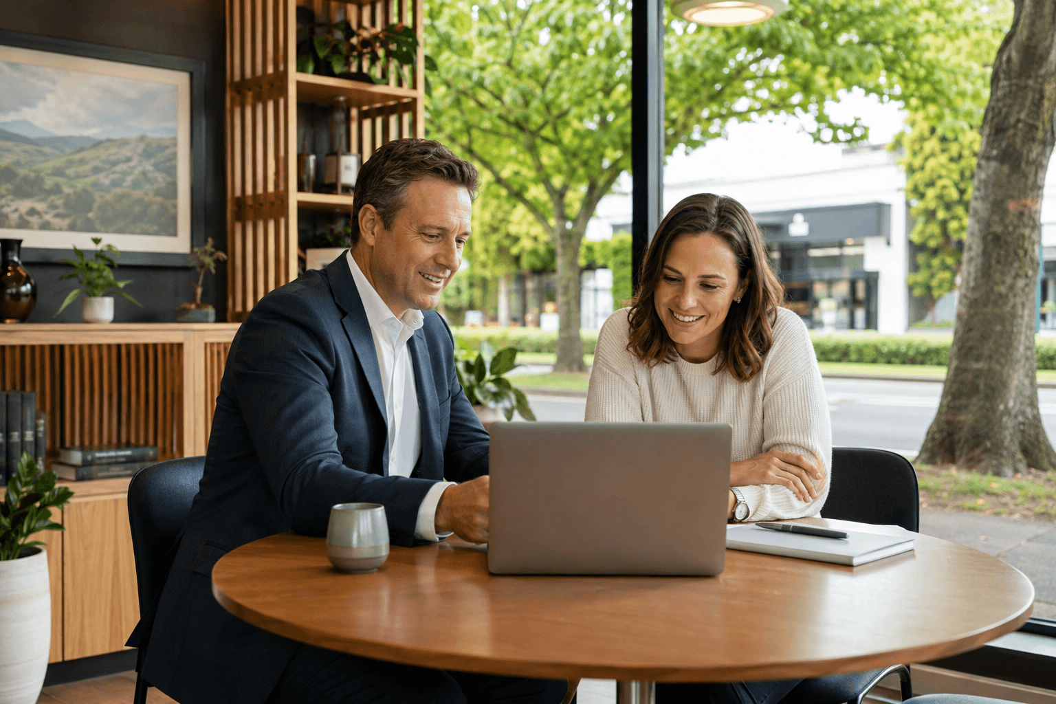 New Zealand financial adviser and client reviewing a modern website preview together