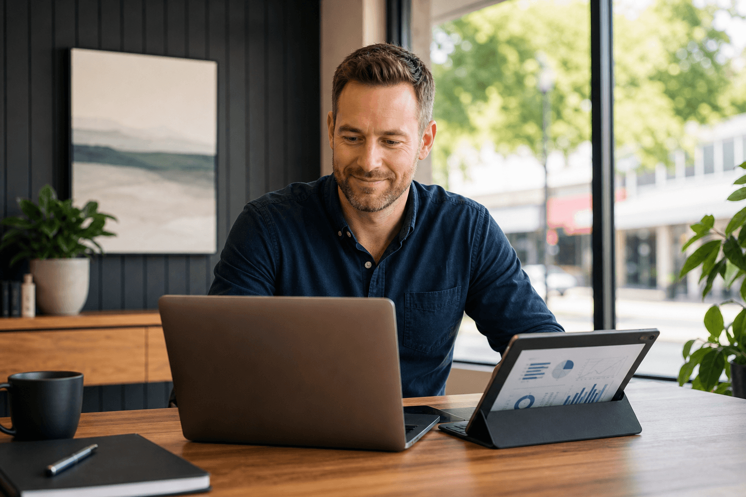 New Zealand financial adviser reviewing local search performance in a small office
